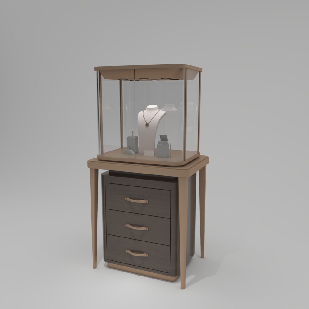 Questo rendering 3D dell'espositore per gioielli in legno è destinato alla pubblicazione online, alla comunicazione con il cliente e all'anteprima del preventivo per quanto riguarda aspetto e disposizione