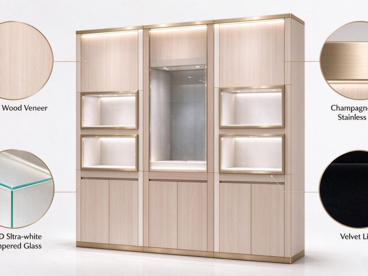 Vetrina da parete per gioielli con venature in legno e luce fluida