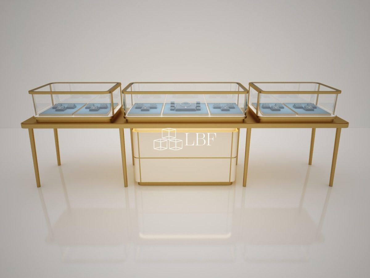 Banco Espositore in Vetro con Cornice Dorata per Gioiellerie