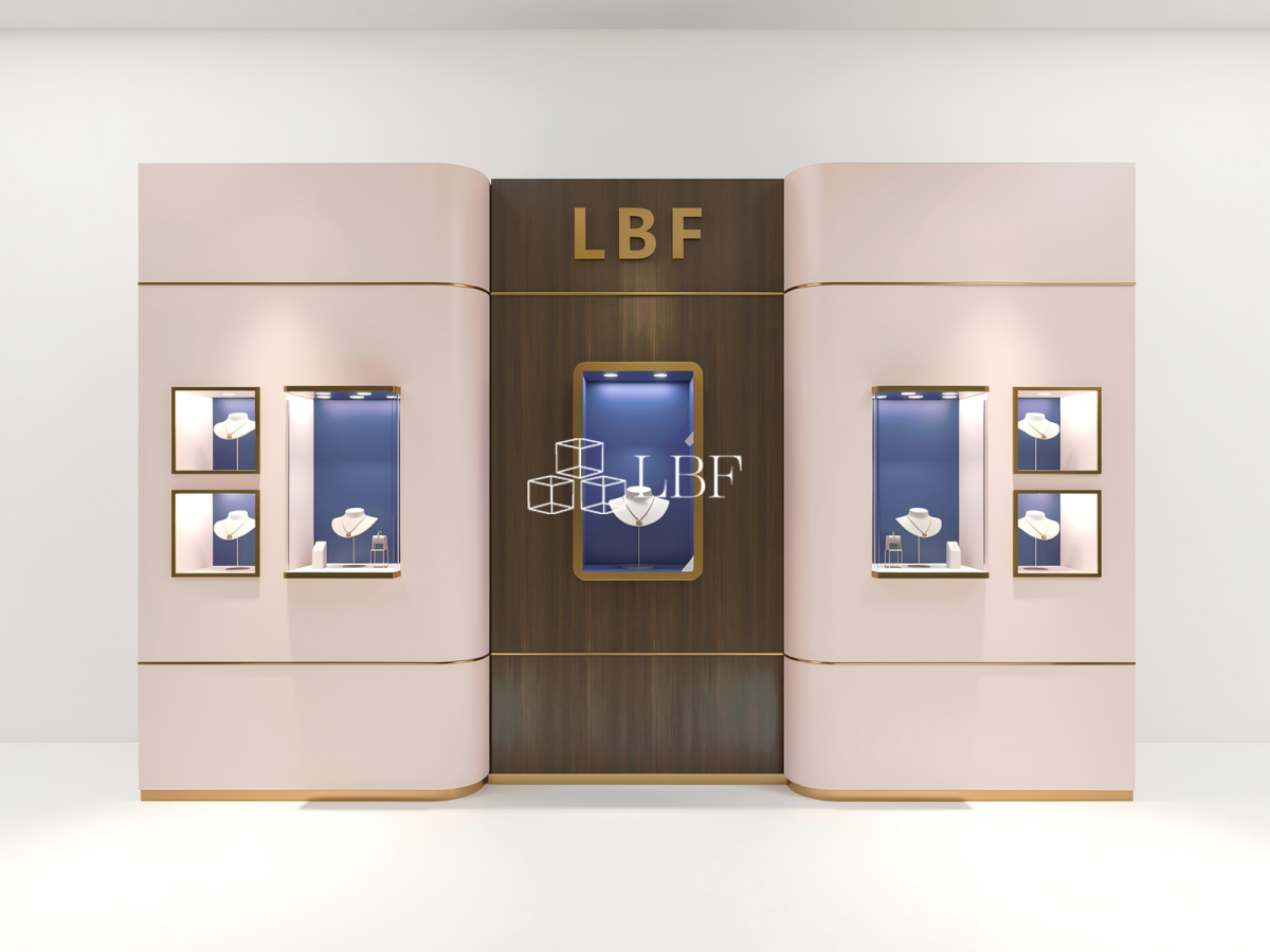 Sistema espositivo a parete moderno curvo di lusso per gioielli LBF con armadio espositivo LED personalizzato